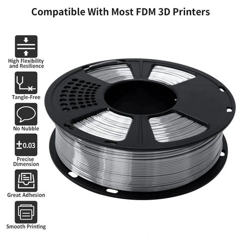 Silk Metallic Silver PLA Filament 1kg Spool 1.75mm Vacuum Pack For 3D Printing, shown in a black plastic spool.