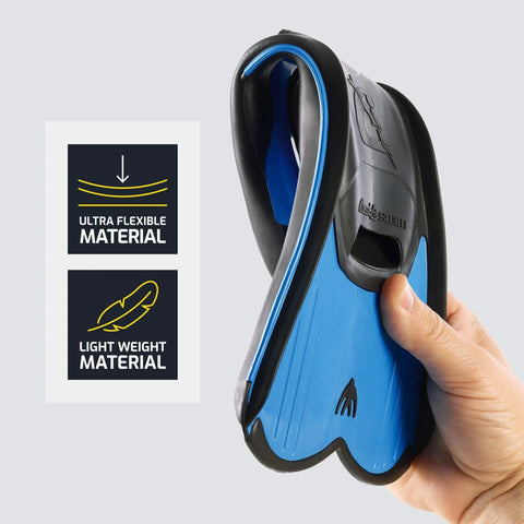 Ultra Light Fins For Pool Training And Snorkeling, short blade, blue, flexible material, size 43/44, hand holding folded fin
