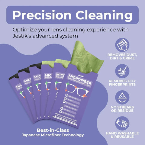 Six Pack Microfiber Cloths For Glasses Lenses And Screens Lint Free Washable with purple packaging and cleaning features.