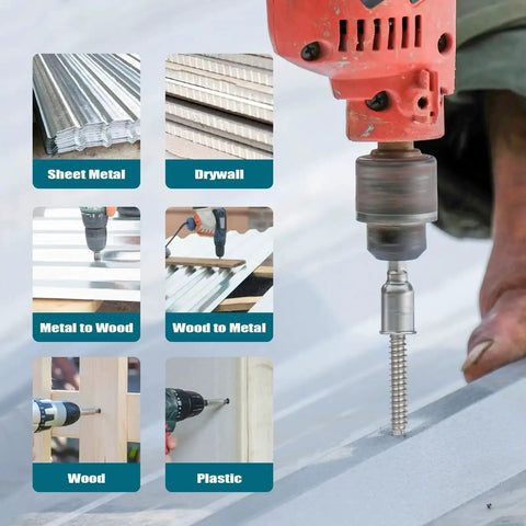 Self Drilling Screws Assortment Kit In 410 Stainless Steel, 370 pieces, hex washer head screws demonstrating drilling into materials.