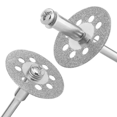 Diamond Cutting Wheel Set For Rotary Tools 22mm Discs 0.6mm Thick Includes 25 Cutting Wheels Five 3mm Mandrels And A Screwdriver EZ545 544 Replacement Compatible For Fast Clean Metal And Plastic Cutting, showing two diamond discs mounted on mandrels