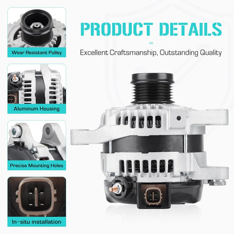 110 Amp Replacement Alternator For 1.8L Corolla 2009-2013 And Scion xD 2008-2014 With 55mm Pulley Replaces 104210-2800 And 104210-2801 110A High Output Alternator For Reliable Electrical Power, showcasing aluminum housing and installation features.