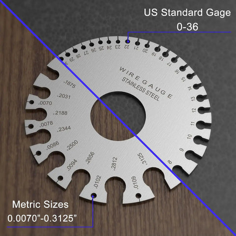Pro Grade Wire Gauge Measuring Tool For Metal Sheets With Dual Sided Thickness Gauge In Stainless Steel Ready For AWG And SAE Measurements Set Of Four showing US and metric size measurements.