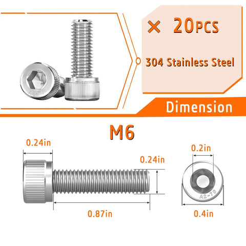 Close-up of M6 stainless steel screws, 20 pieces, with dimensions for Heavy Duty Rivet Nut Tool Kit For Easy Installation Hand Riveter.