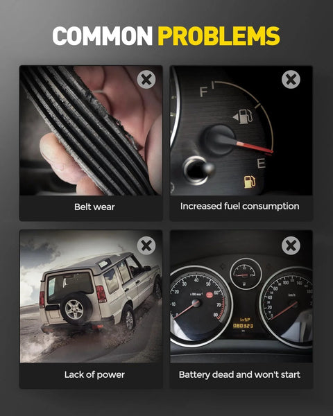 Collage showing common car problems: belt wear, increased fuel consumption, lack of power, and dead battery.