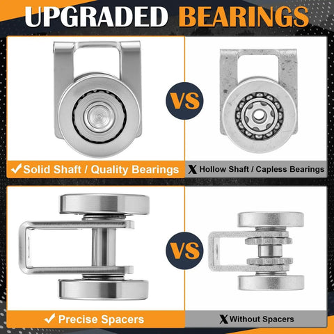Comparison of solid shaft quality bearings vs hollow shaft capless bearings for Four Pack Light Duty Two Wheel Trolley Assembly