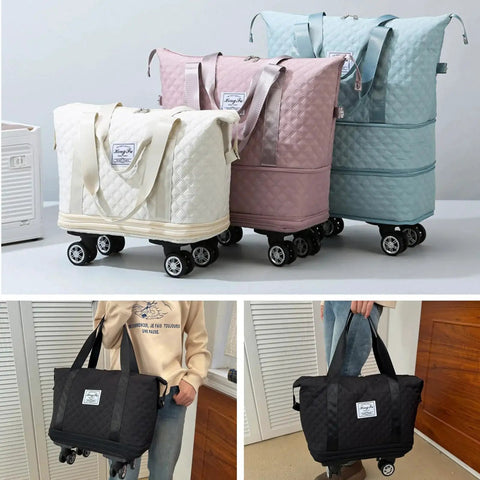 Rolling Duffle Bag With Wheels Expandable And Foldable Travel Luggage in various colors, featuring detachable wheels, reinforced handles, and metal zipper.