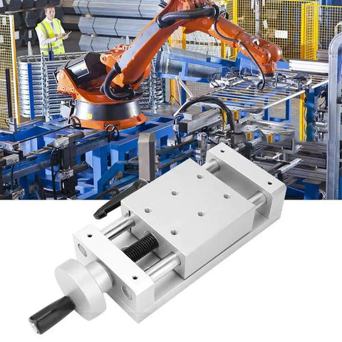 Manual Linear Sliding Table Rail Stage Aluminum Alloy 80x80mm visible in industrial setting