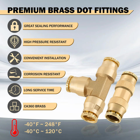 CheeMuii brass DOT air line fittings kit with two push-lock quick-connect fittings and 50 ft 1/4 in, 30 ft 3/8 in tubing.