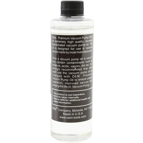 OEMTOOLS vacuum pump oil bottle, 8 oz, clear plastic container with black cap and black label