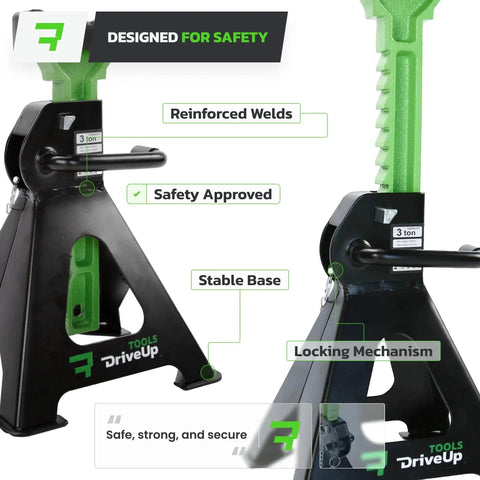 3 Ton Adjustable Floor Jack Stands Set Of 2 With 11 To 17 Inches Lift featuring reinforced welds and safety features.