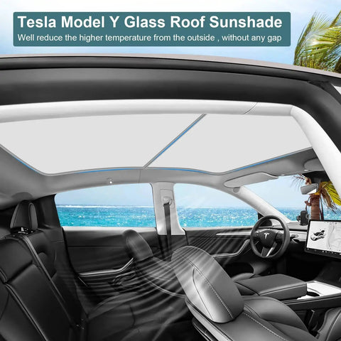 Interior view of Non Sag Sunroof Shade For Tesla Model Y 2021-2025 Cooling And Heat Insulation installed, blocking sunlight.