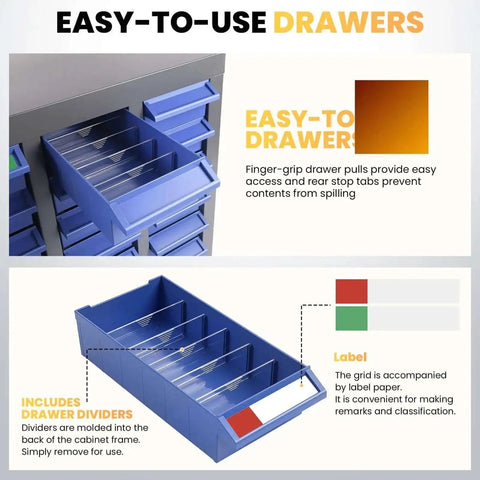 Ultra Handy 40 Drawer Parts Cabinet with ABS drawers and label slots showing easy-to-use features and adjustable dividers.
