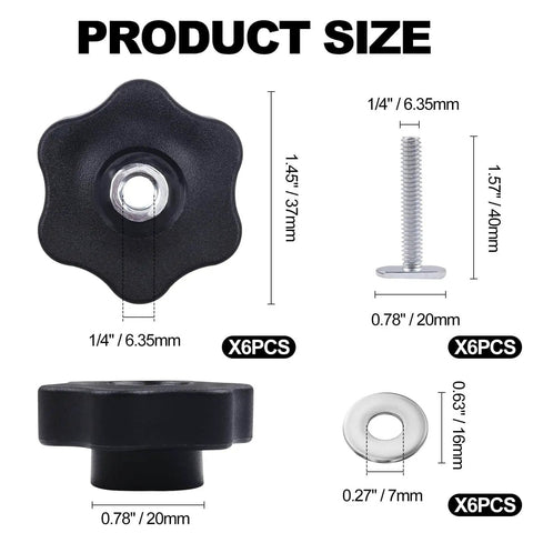 6 Pack T Track Knob Kit With 1/4-20 Bolts And Washers For DIY Woodworking Jigs And Fixtures, Six Star Knobs, T Track Bolts, Track Accessories With Storage Box Included, showing product size and components, including star knob, bolt, and washer.