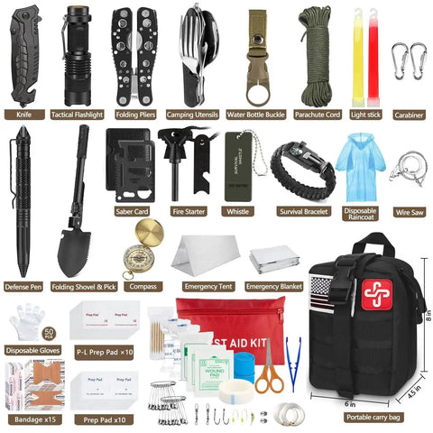 Components of 238 Piece Emergency Survival Kit And First Aid Kit With Tactical MOLLE Pouch including tools and medical supplies.