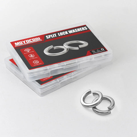 Split lock washers, 1/4 in, 304 stainless steel, 100-pack in clear plastic storage case