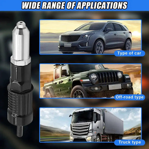 Rivet Drill Adapter Kit For Cordless Drills With Four Rivet Heads 2.4mm 3.2mm 4.0mm 4.8mm Aluminum Alloy Attachment featured for various vehicles.