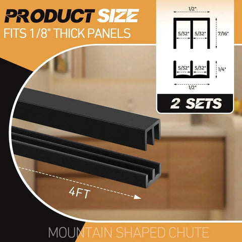 Two Sets Four Foot Sliding Door Tracks For One Eighth Inch Thick Panels For Closet Glass Doors And Plastic Cabinets In Black Finish Includes Upper And Lower Rails A Complete Sliding Door Hardware Set For Pantries, Wardrobes, And Cabinet Doors, showing track dimensions.
