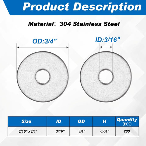 304 stainless steel fender washers, ID 3/16, OD 3/4, thickness 0.04 in, 200 pcs