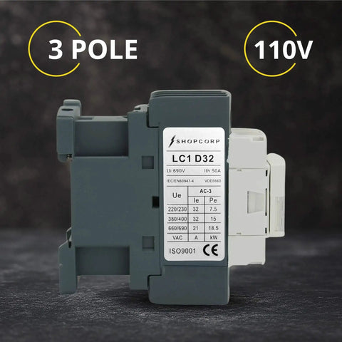 Three Pole Contactor With 120V Coil, 30 Amp Normally Open 1NO/1NC Auxiliary, IEC 660V Rated, DIN Rail Mounting Base side view