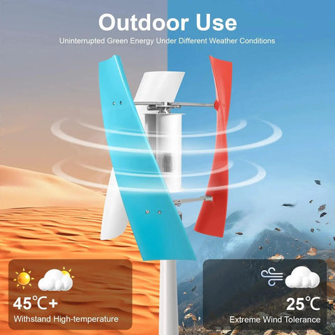 Front view of a 12V wind turbine with three fiberglass blades (blue and red) for mobile homes, Amazon