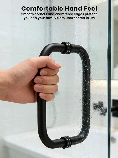 Hand gripping 8 Inch Center-To-Center Shower Door Handle 304 Stainless Steel Back-To-Back Glass Pull for Frameless Sliding Bathrooms in matte black.
