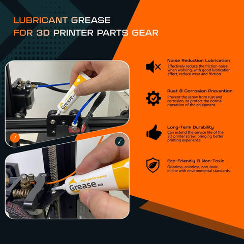 Person applying lubricant grease for 3D printer parts gear, showcasing noise reduction, rust prevention, and eco-friendly features.