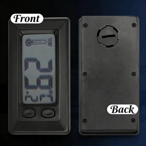 Front and back view of Mini Car Digital Thermometer With Inside Outside Temperature Readout And Max Min showing display and back panel