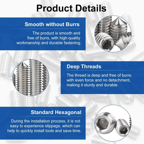 50 Pack M3 x 6mm Set Screws In 304 Stainless Steel With Internal Hex Allen Head Drive Cup Point And Cone Point Socket Grub Screws For Towel Racks Door Knobs And Hardware Projects Pro Grade, showing close-up details of smooth surface, deep threads, and hexagonal drive.