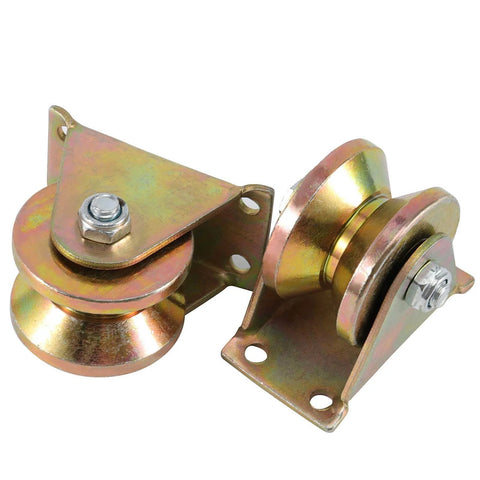 Front view of 2 Inch V Groove Wheel Set For Sliding Gates, Electroplated 1045 Steel Heavy Duty Caster With V Shape Bracket.