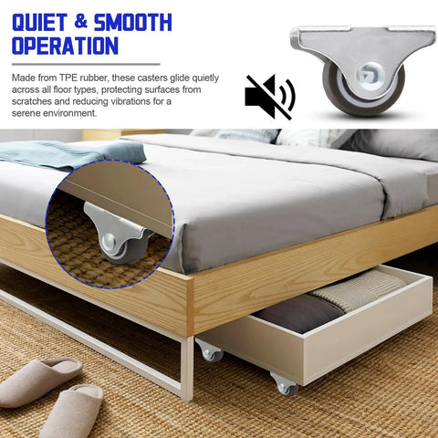 8 Pack 1 Inch Caster Wheels With Metal Top And TPE Rubber Low Profile Fixed Casters for Furniture Moving Cabinet Trundle Bed And Drawers Quiet Smooth Rolling