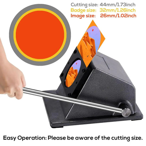 All Metal 44mm Circle Cutter And 32mm Button Punch Die Cutter For DIY Crafts, showing hand using lever on heavy-duty base