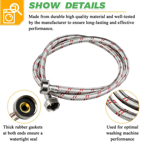 Washing machine hose, braided stainless steel with metal fittings; silver braid with red accents.