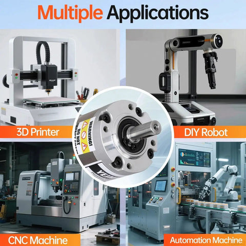 Image showing 50 To 1 Planetary Gearbox for Nema 17 Stepper Motors with 8mm Output Shaft and applications in 3D printer, CNC, and more.