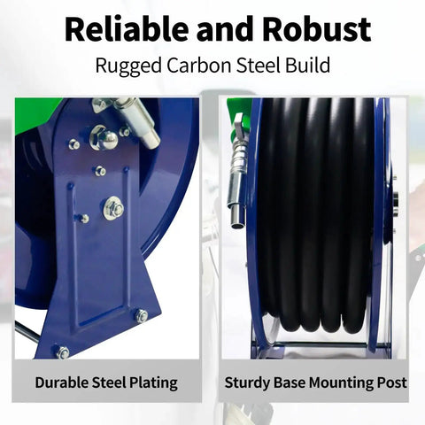 Auto Rewind Fuel Hose Reel Three Quarters Inch By Thirty-Three Feet With Diesel Nozzle And Swivel, Steel Frame Detail View