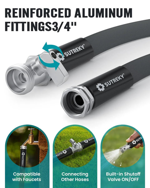 Garden hose 50ft with reinforced aluminum fittings 3/4in, black hose, SUTREKY brand, built-in shutoff valve.