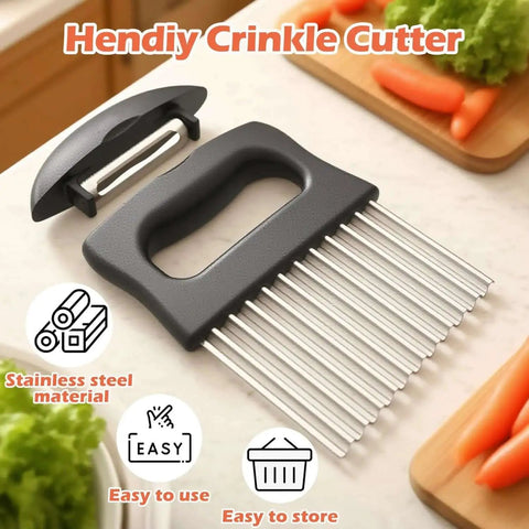 Crinkle Cutter Waffle Fry Cutter Stainless Steel French Fry Slicer with detachable peeler on kitchen counter.
