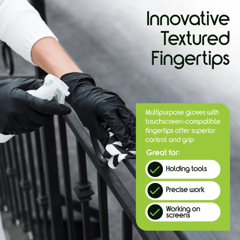 Person wearing Disposable Black Nitrile Gloves Latex Free For Food Prep And Medical Use, holding a spray bottle and cloth.