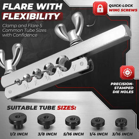 Brake Line Flare Tool Kit Cutter 45 Flare Single and Double 1/8 to 5/8 Tubing with quick-lock wing screws and die holes.