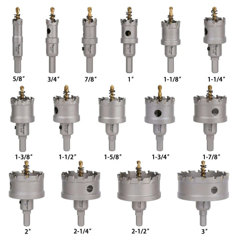 Heavy Duty 15 Piece Carbide Hole Saw Kit With Pilot Drill From Five Eighths To Three Inches For Metal And Plastic Projects, Cuts Stainless Steel Iron Mild Steel Aluminum Fiberglass, Includes Two Hex Spanners Vearter shown in arranged view.