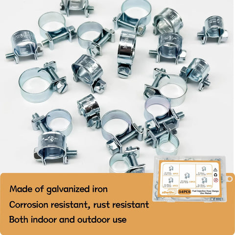 Fuel line hose clamps set, 34 pcs, zinc-plated, 8-18 mm range for automotive use