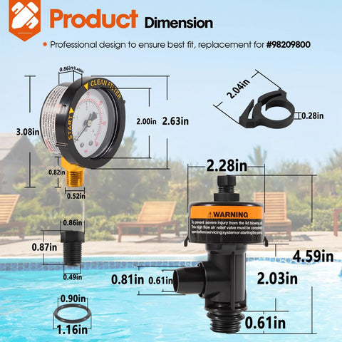 DearChan 98209800 high-flow manual relief valve with pressure gauge for pool and spa filter, black plastic body (1 pack)