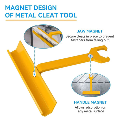Metal cleat tool with magnet design, showing jaw and handle magnets for duct cleat tool for HVAC ductwork, 6 inch magnetic clip system.