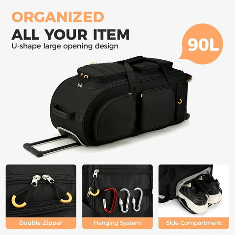 Large 90L Rolling Duffle Bag With Wheels And Telescoping Handle For Travel And Weekend Getaways, showing compartments and handle.