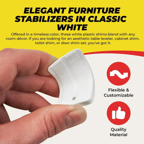 Must Have Leveling Shims For Furniture And Home Improvement Nonslip Multi Purpose Wedges For Tables Desks Cabinets And Toilet Shims Deliver Quick Easy Stability 20 Pack White Qualihome Pro Grade, close-up of white plastic shim in hand