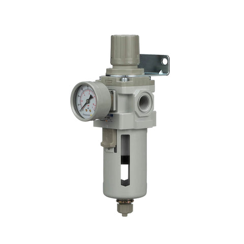 PneumaticPlus SAW400-N04BG air filter regulator piggyback unit, 1/2 NPT, poly bowl, gauge, manual drain, bracket