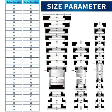 Size diagram for 37 Piece Sealed Bearing Mounting Kit With Oil Seal Installation Tools, detailing outer and inner diameters.