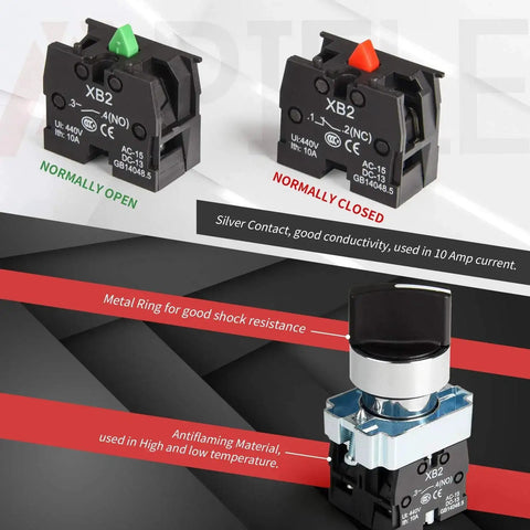 Two Pack 22mm Metal Head 3 Position Maintained Selector Switch With 2 Normally Open Contacts 660VAC 10A Rating with green and red indicators