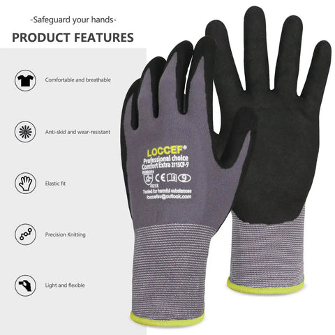 MicroFoam Nitrile Coated Work Gloves 6 Pairs Seamless Knit Nylon Gray 9 Large showing grip and comfort features.