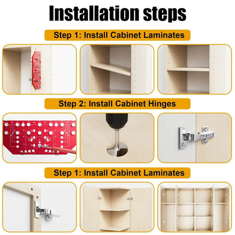 Installation steps using 2 In 1 Shelf Pin Jig And Hinge Jig Kit Pro Grade Aluminum Alloy Woodworking Template for cabinets and shelves.